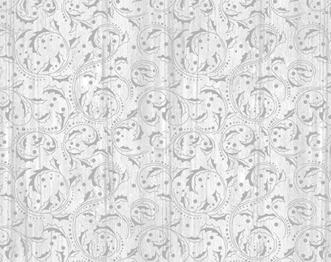Festive Chickadees Washed Scroll Light Grey Fabric Yardage, Jackie Robinson,  Benartex, Cotton Quilt Fabric