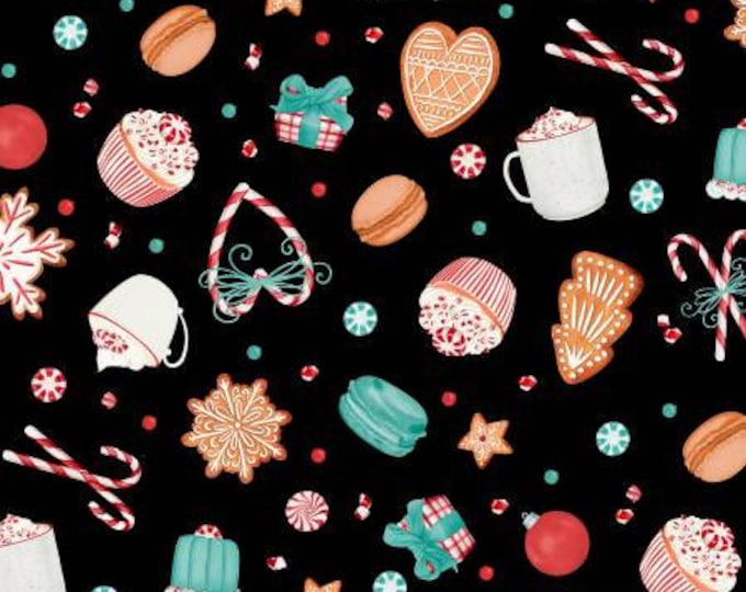 Peppermint Parlor Black Sweets Toss Fabric Yardage, Danielle Leone, Wilmington Prints, Cotton Quilt Fabric, Christmas Fabric