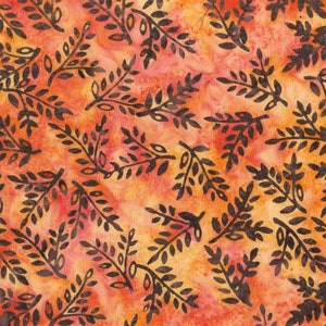 May include: A seamless fabric pattern with a repeating design of black stylised leaves on a warm orange background.