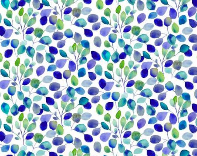 Blue Meadow White Digital Leaves Fabric Yardage, Clothworks, Sue Zipkin, Cotton Quilt Fabric