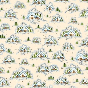 May include: A seamless pattern featuring a repeating design of small white houses with blue roofs, surrounded by green trees and snow. The background is a light cream color.