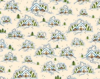 Winter Fun Cream House on the Hill Fabric Yardage, Michael Miller Fabrics, Cotton Quilt, Winter Fabric