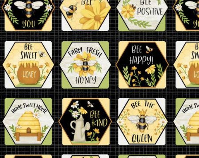 Bee You Multi Honeycomb Blocks with Sayings Fabric Yardage, 11-1/2" Repeat, Shelly Comisky, Henry Glass, Cotton Quilt Fabric, Bee Fabric