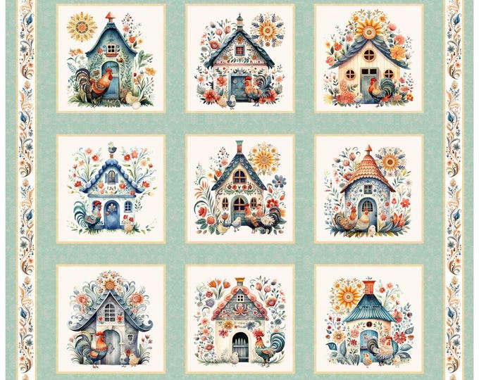 Poultry in Motion Sage Chicken Coop Picture Patches Fabric Panel, 36" Panel, QT Fabrics, Morris Creative Group, Cotton Quilt Fabric