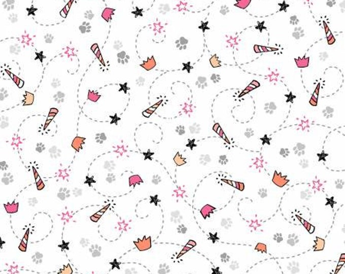 Meowlogical White Feline Stitches Cotton Quilting Fabric Yardage, Michael Miller, Floral Fabric