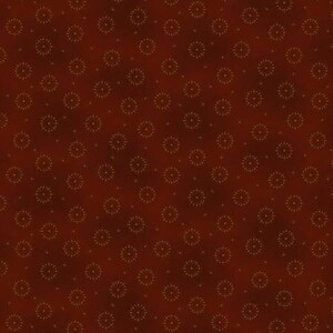 May include: A seamless pattern of small, gold circles on a dark red background.
