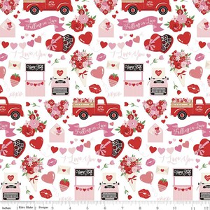 Falling in Love メインホワイト生地ヤード、ダニ・モグスタッド、ライリー・ブレイクデザイン、コットンキルティング生地