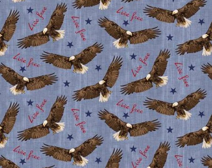 Remnant 3/4-Yard Live Free Blue Flying Eagle Fabric Yardage, Jessica Mundo, Henry Glass, Cotton Quilt Fabric, Patriotic Fabric, Eagle Fabric