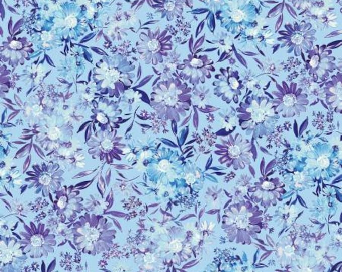 Shimmering Twilight Blue Twilight Bouquet with Pearl Essence Fabric Yardage, KANVAS Fabrics, Benartex, Cotton Quilt Fabric