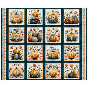 May include: A fabric panel featuring sixteen square images of pumpkins in various shapes and colors, including orange, yellow, and blue. Each pumpkin is surrounded by floral and leaf designs, set against a teal background. The panel has a decorative border.