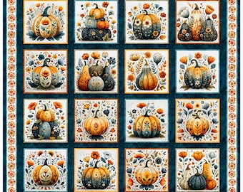 Harvest Hollow Dark Teal Decorative Pumpkin Picture Pat Fabric Panel, 36" Wide, Morris Creative Group, QT Fabrics, Cotton Quilt Fabric