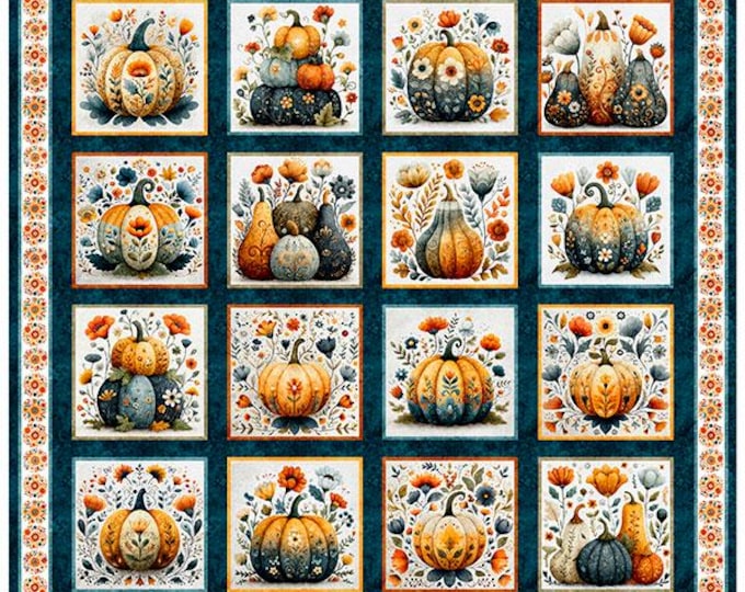 Harvest Hollow Dark Teal Decorative Pumpkin Picture Pat Fabric Panel, 36" Wide, Morris Creative Group, QT Fabrics, Cotton Quilt Fabric