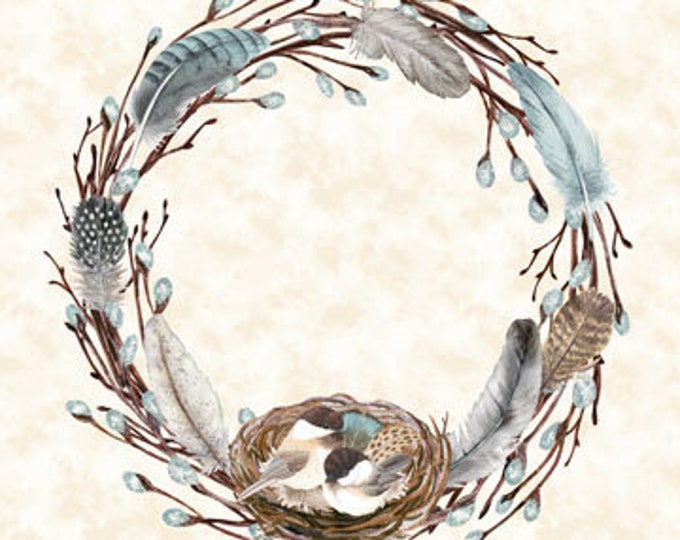 Feathered Nest Cream Multi 24-Inch Fabric Panel, Northcott Fabrics, Cotton Quilt Fabric, Bird Fabric