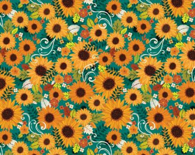 Gather Together Teal Harvest Sunshine Fabric Yardage, Nicole DeCamp, KANVAS by Benartex, Cotton Quilt Fabric