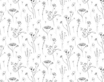 Royal Jelly Sketched Floral White Fabric Yardage, Jane Archer, Blank Quilting, Cotton Quilt Fabric, Floral Fabric