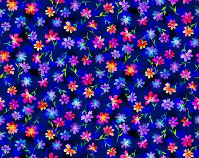 Luminous Blooms Navy Luminious Blossoms Fabric Yardage, KANVAS Studio, Benartex, Cotton Quilt Fabric, Floral Fabric