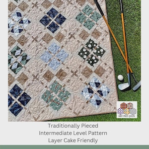 May include: A quilt pattern titled "Match Play Argyle" with a beige background and diamond-shaped argyle patterns in shades of blue, green, and brown. The pattern is "Layer Cake Friendly" and "Intermediate Level". Golf clubs and a golf ball are on the right.