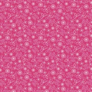 May include: A seamless pattern featuring white floral designs on a pink background. The pattern is made up of small flowers, leaves, and swirls.