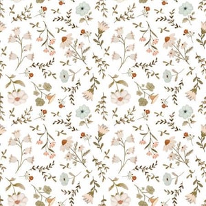 May include: A seamless pattern featuring delicate white, pink, and blue flowers with green leaves on a white background.