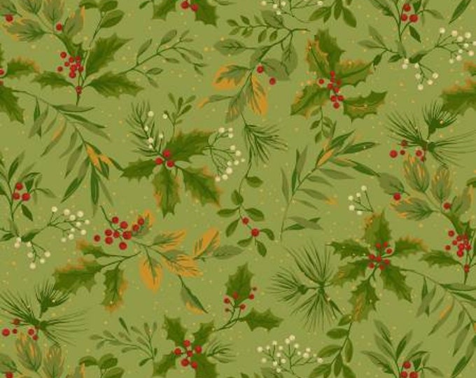 Holiday Foliage Holly & Leaves Green Fabric Yardage, Laura Berrringer, Marcus Fabrics, Cotton Quilt Fabric, Christmas Fabric