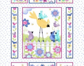 White Bird's Buddies Quilt Panel,  36 Inches, Susybee Collection, Susybee, Cotton Quilt Fabric, Bird Fabric