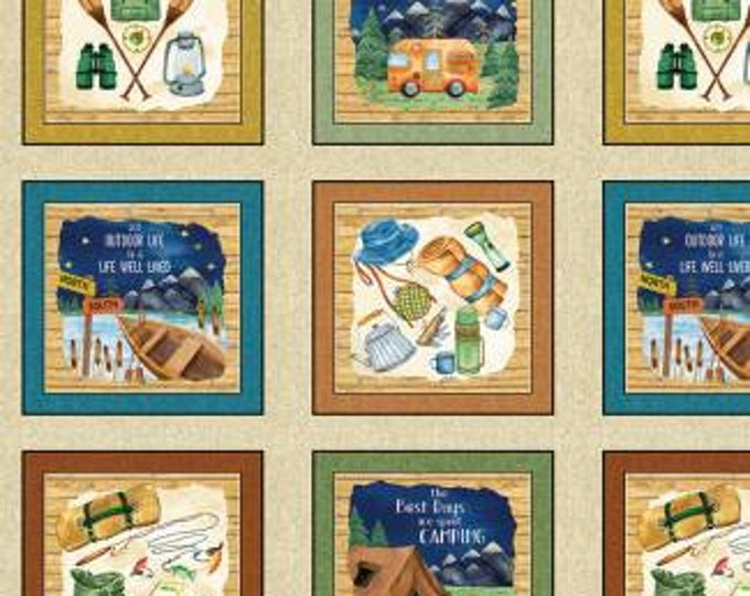 Live Love Camp Multi Camp Panel, 24" x 44", Nicole DeCamp, KANVAS by Benartex, Cotton Quilt Fabric, Camping Fabric