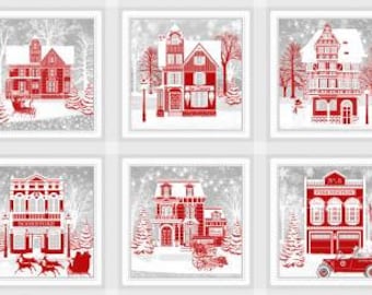 Holiday Lane Red/Grey 10-Inch Blocks, 6 Blocks, 24-Inch Repeat, Jan Shade Beach, Henry Glass, Cotton Quilt Fabric, Winter Fabric