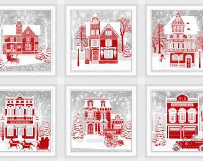 Holiday Lane Red/Grey 10-Inch Blocks, 6 Blocks, 24-Inch Repeat, Jan Shade Beach, Henry Glass, Cotton Quilt Fabric, Winter Fabric