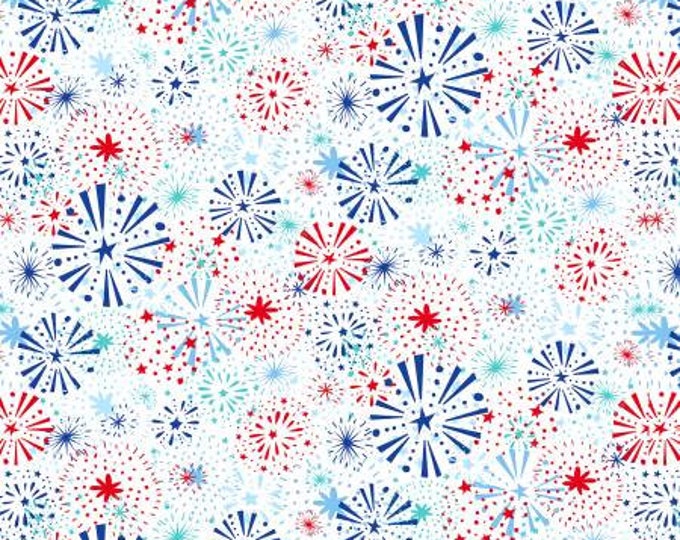 Great American Summer Multi Fireworks Burst on White Fabric Yardage, Emily Dumas, Henry Glass, Cotton Quilt Fabric