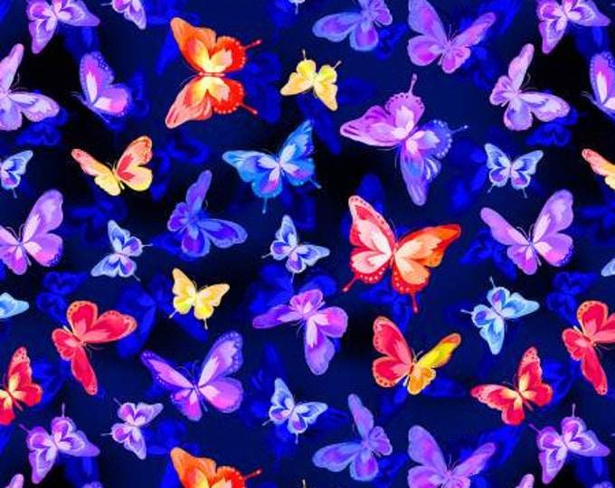 Luminous Blooms Butterflies Navy Fabric Yardage, KANVAS Studio, Benartex, Cotton Quilt Fabric, Floral Fabric