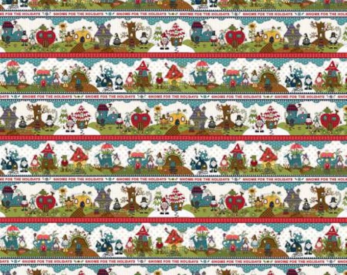 Gnome for the Holidays Teal Gnome Border Stripe Fabric Yardage, Leanne Anderson, Henry Glass, Cotton Quilt Fabric