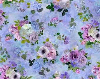 Remnant 1-1/3 Yards Love Letter Blue Tossed Floral Bouquet Fabric Yardage, Timeless Treasures, Cotton Quilt Fabric, Floral Fabric