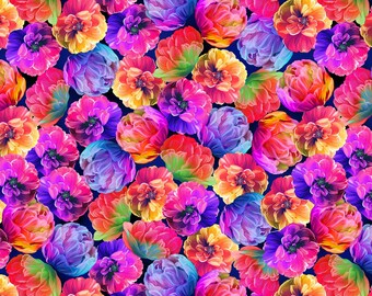 Remnant 3/4-Yard Luminous Blooms In Full Bloom Multi Fabric Yardage, KANVAS Studio, Benartex, Cotton Quilt Fabric, Floral Fabric