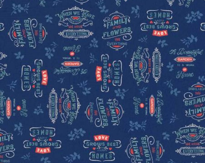 Roots of Love Blue Words Allover Fabric Yardage, Lisa Audit Collection, Wilmington Prints, Cotton Quilt Fabric