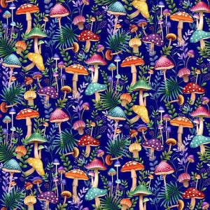 May include: A vibrant pattern featuring a variety of colorful mushrooms in shades of red, orange, green, and purple. The mushrooms are set against a deep blue background with green foliage, creating a whimsical and detailed design.