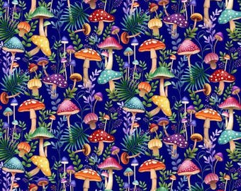 Down the Fairy Path Royal Multi Mushrooms 8 Inch Repeat Fabric Yardage, Color Principle Studio, Henry Glass, Cotton Quilt Fabric