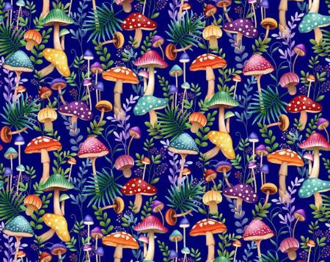 Down the Fairy Path Royal Multi Mushrooms 8 Inch Repeat Fabric Yardage, Color Principle Studio, Henry Glass, Cotton Quilt Fabric
