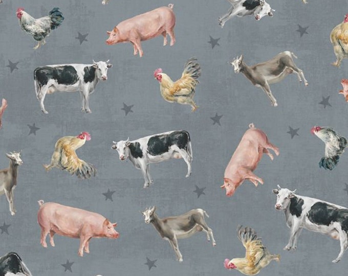 Farmhouse Chic Animals Gray-Blue Fabric Yardage, Danhui Nai, Wilmington Prints, Cotton Quilt Fabric