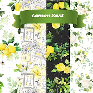 May include: A decorative design featuring various patterns with a lemon theme. The image includes lemons, leaves, and floral elements. The text "Lemon Zest" is displayed on a green banner. Other text includes "Fresh Lemonade" and "Sweet".