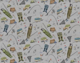 At the Lake Gear Gray Fabric Yardage, Tara Reed, Riley Blake Designs, Cotton Quilting Fabric, Fish Fabric