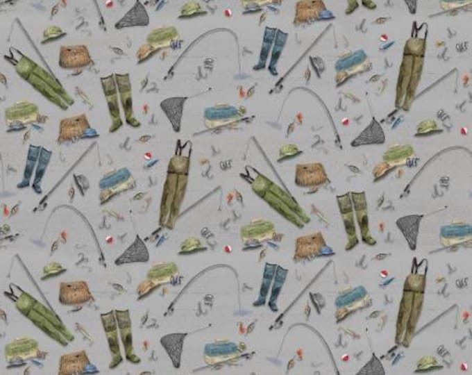 At the Lake Gear Gray Fabric Yardage, Tara Reed, Riley Blake Designs, Cotton Quilting Fabric, Fish Fabric