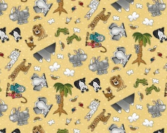 Two by Two Butter Noah and Animals Fabric Yardage, Leeanne Anderson & Kaytlyn Kuebler, Henry Glass, Cotton Quilt Fabric