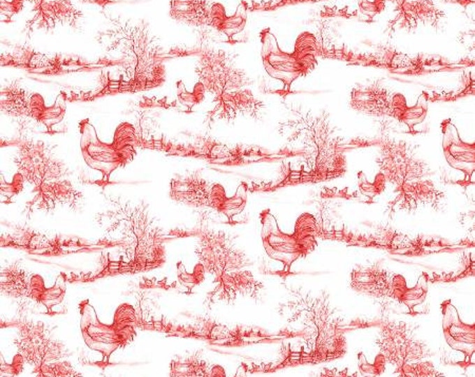 Remnant 1-1/2 Yards Home to Roost Red Toile Fabric Yardage, Susan Winget, Wilmington Prints, Cotton Quilt Fabric, Chicken Fabric
