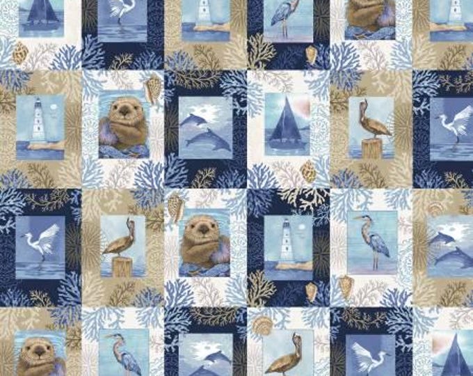 Cobalt Seas Multi Small Blocks Coastal Images Fabric Yardage, Andrea Tachiera, Henry Glass, Cotton Quilt Fabric