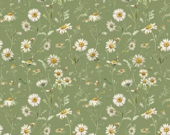 Love Me More Daisies Green Fabric Yardage, Lisa Audit, Riley Blake Designs, Cotton Quilt Fabric, Floral Fabric