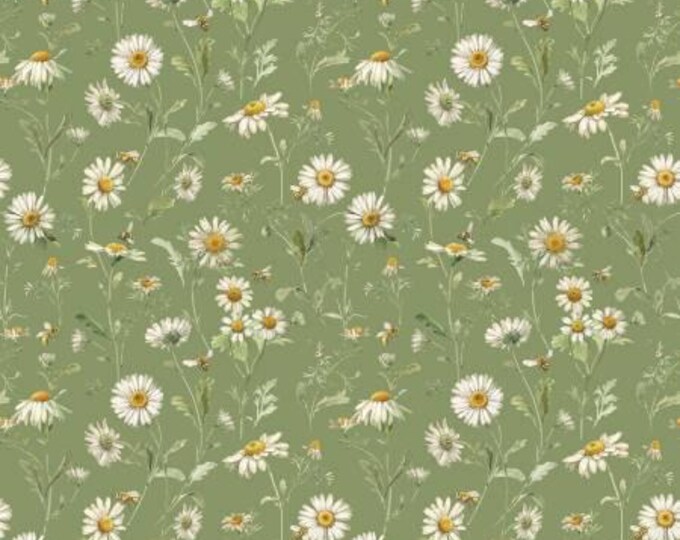 Love Me More Daisies Green Fabric Yardage, Lisa Audit, Riley Blake Designs, Cotton Quilt Fabric, Floral Fabric