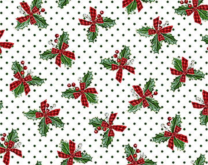 Christmas Traditions White Multi Mini Holly Yardage, Deborah Edwards, Northcott Fabrics, Cotton Quilt Fabric, Christmas Fabric