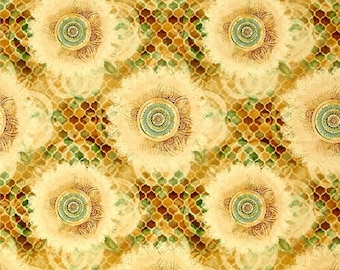 Remnant 1/2-Yard Arabesque Gold Floating Medallions Cotton Quilting Fabric, Quilting Treasures.