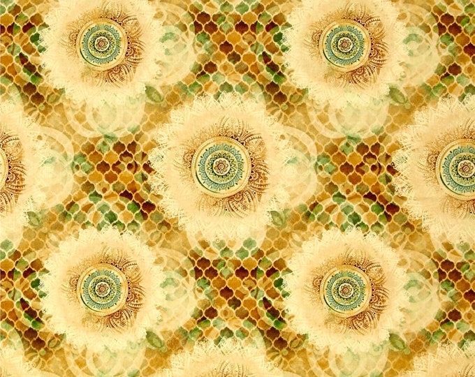 Remnant 1/2-Yard Arabesque Gold Floating Medallions Cotton Quilting Fabric, Quilting Treasures.