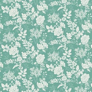 May include: A seamless pattern featuring white floral designs on a teal background. The pattern includes various flower types, leaves, and small sprigs, creating a delicate and detailed botanical print. Ideal for fabric or wallpaper.